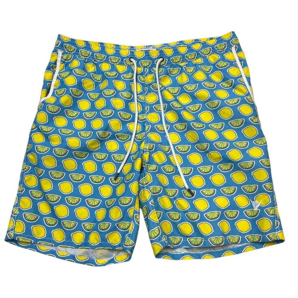Beach Bros Swim Trunks Mens XL Blue Lemon &‎ Lime Print Bathing Suit Mesh Lined